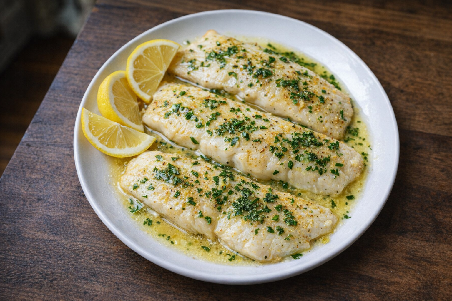 An overhead shot of perfectly baked white fish fillets, glistening with lemon butter, garnished with fresh parsley, arranged on a white plate against a dark wooden background